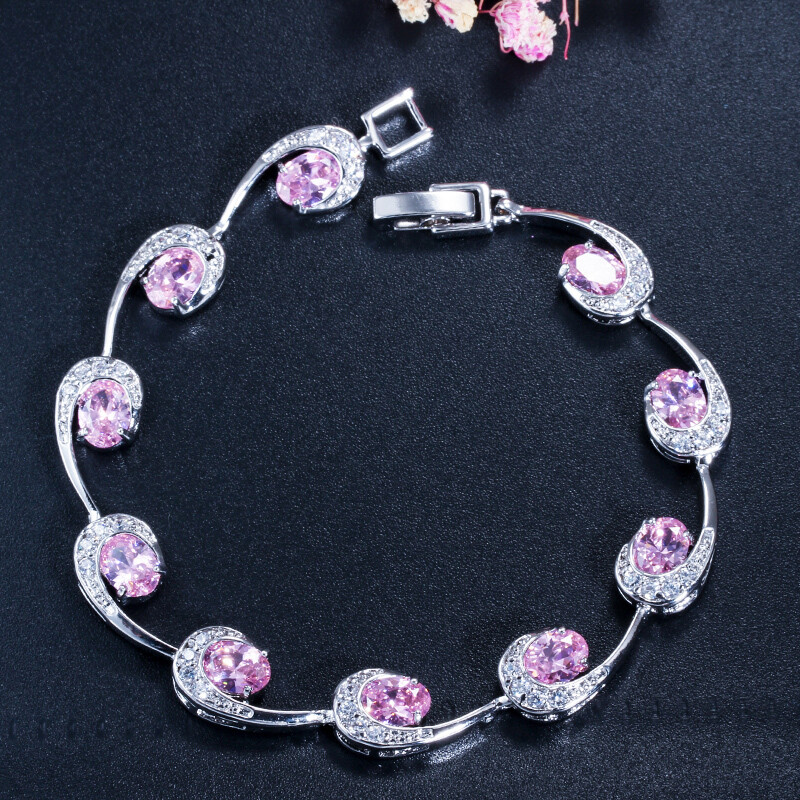 Silver Plated Multicolor Cubic Zircon Oval Charms Bracelet Fine Jewelry for Lady