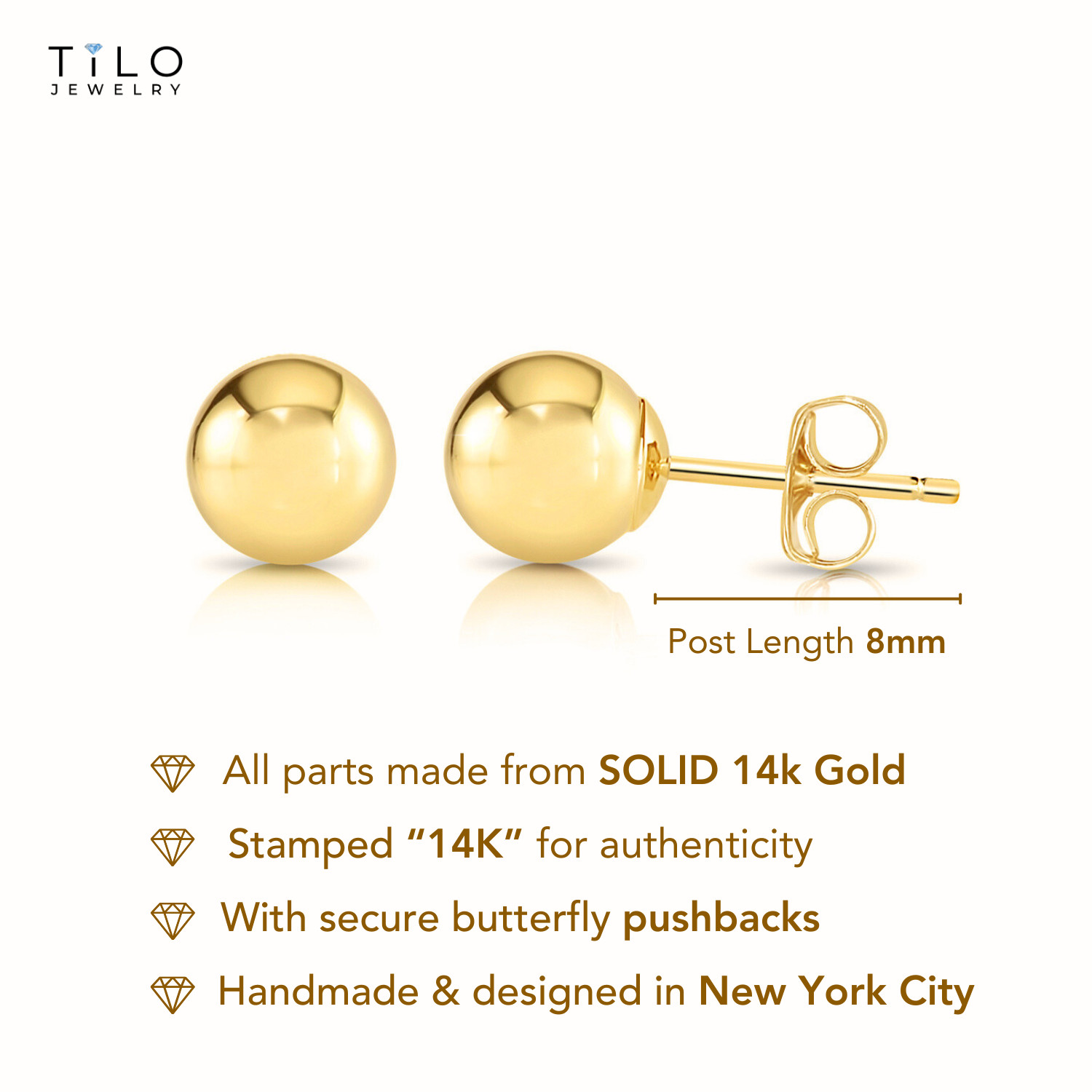14K Real Solid Yellow Gold Round Ball Bead Sleeper Stud Earrings Pushback 3-8mm