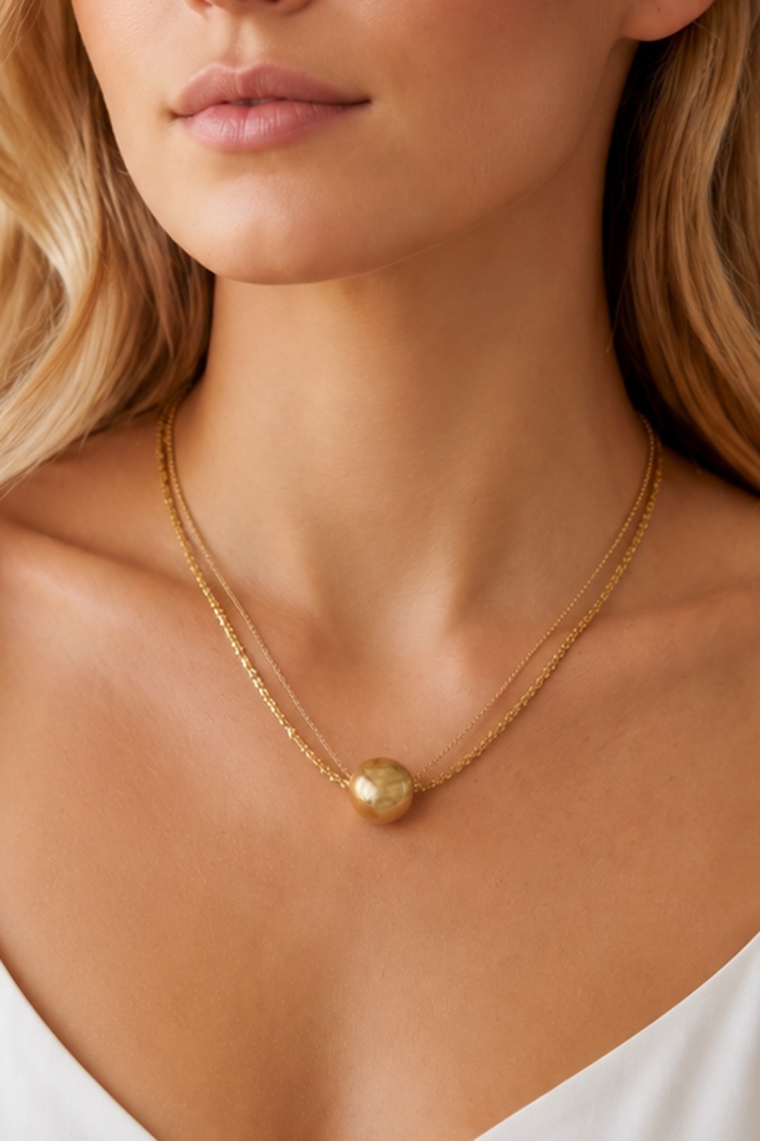 Stainless Steel 18K White Gold Plated Double Layer Sphere Ball Pendant Choker