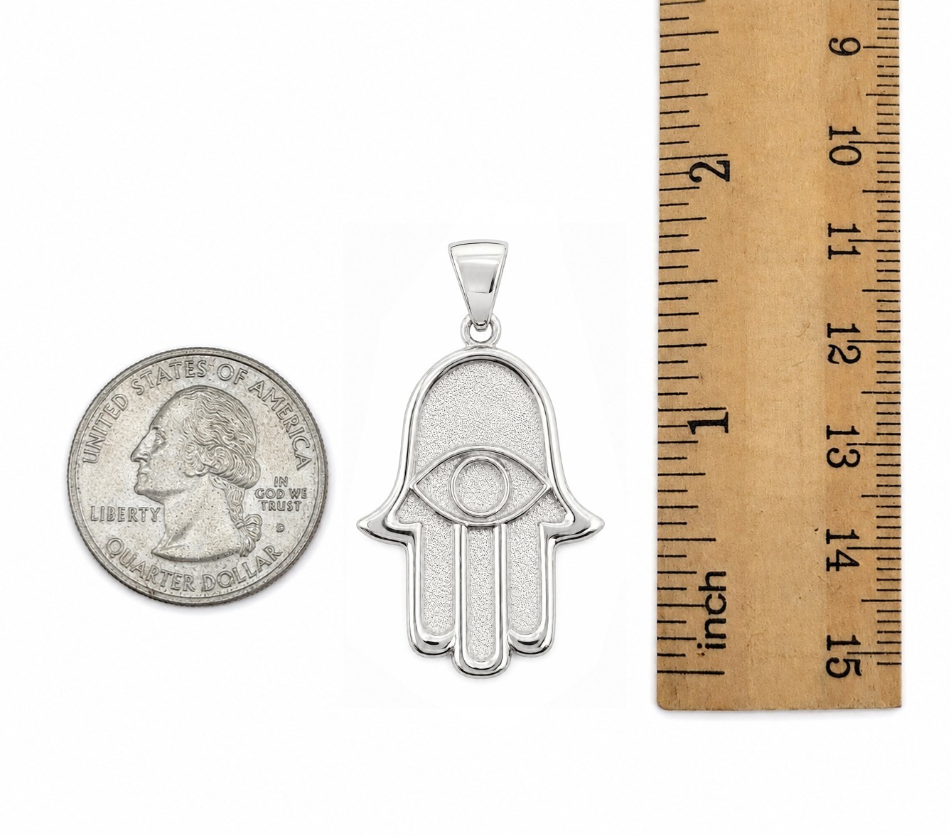 Solid 10K White Gold Hamsa Pendant, Evil Eye Pendant, Large 1.2 inch