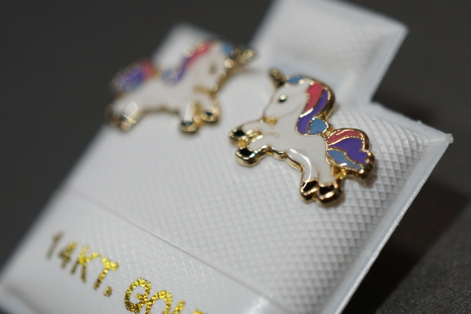 14K Solid Yellow Gold Enamel Unicorn Screw Back Stud Earring.