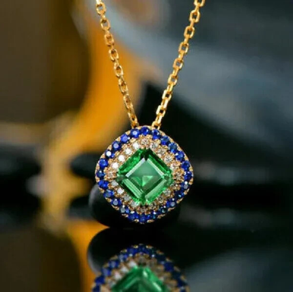 2.50Ct Asscher Cut Green Emerald Halo Women’s Pendant 14k Yellow Gold Finish