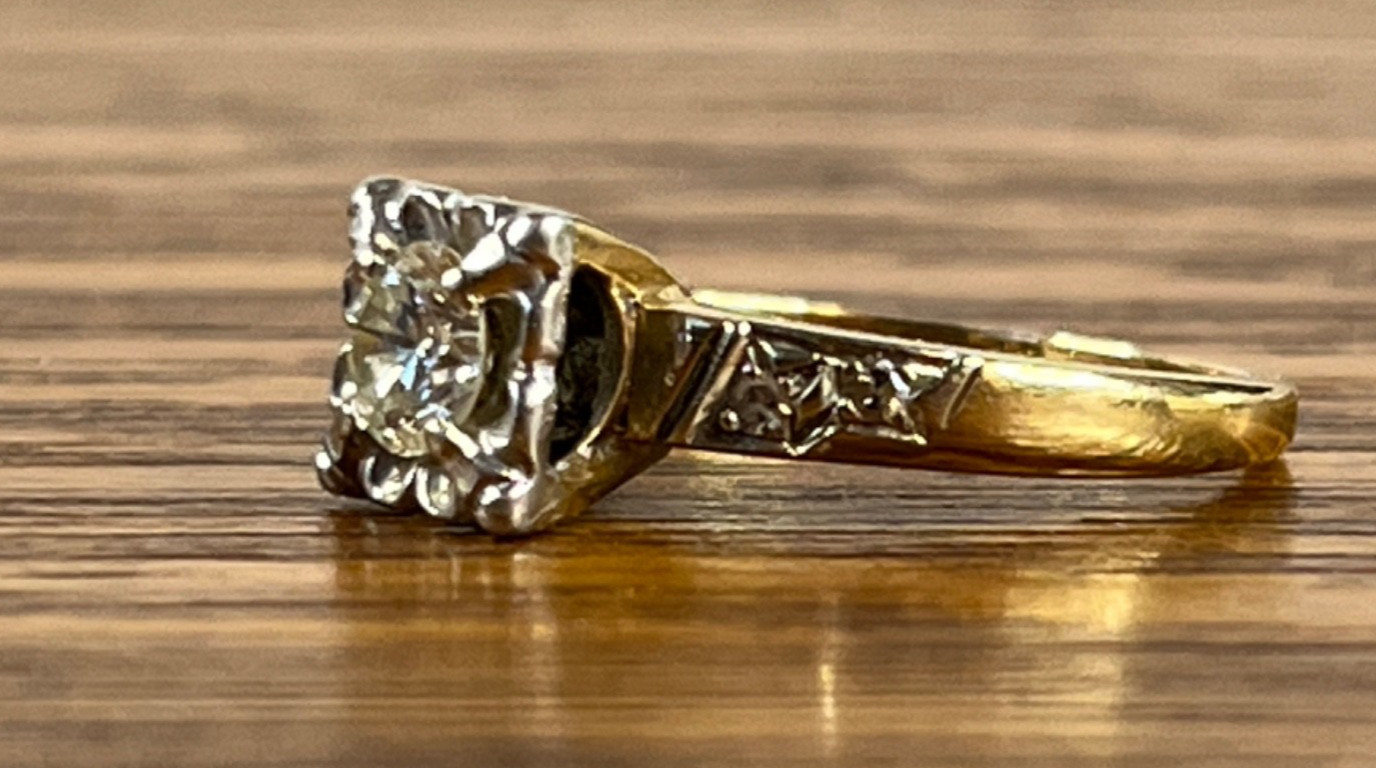 1940’s Vintage 4.2mm Natural Diamond 14K Gold Platinum Hallmark Engagement Ring