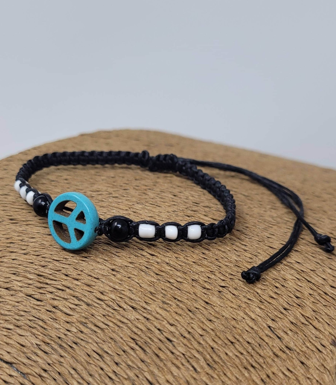 Peace Bracelet Adjustable Black Cord Turquoise Howlite Charm Handmade Unisex