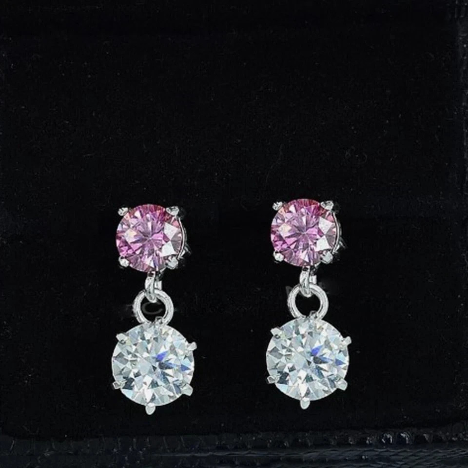 4.00Ct Certified Pink & White Diamond Solitaire Studs In 925 Sterling Silver