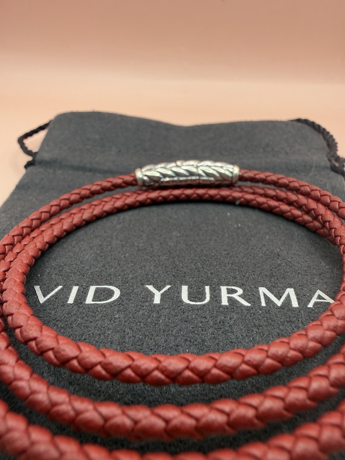 David Yurman Sterling Silver Leather Chevron Triple Red Wrap Bracelet Medium