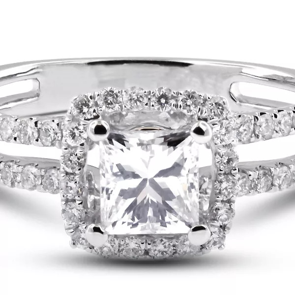 18K Gold Side Stone Engagement Ring Halo 1.50 CT Princess Natural Diamond G VS2