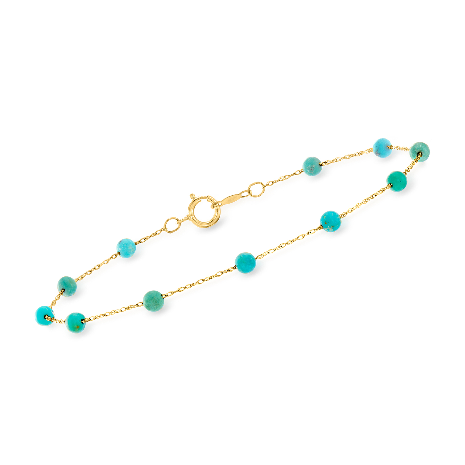 Ross-Simons 3-3.5mm Turquoise Bead Station Bracelet in 14kt Yellow Gold