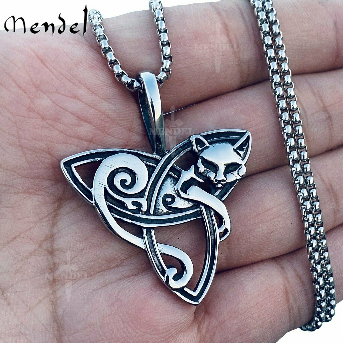 MENDEL Womens Celtic Triquetra Trinity Knot Kitty Cat Pendant Necklace Chain Set