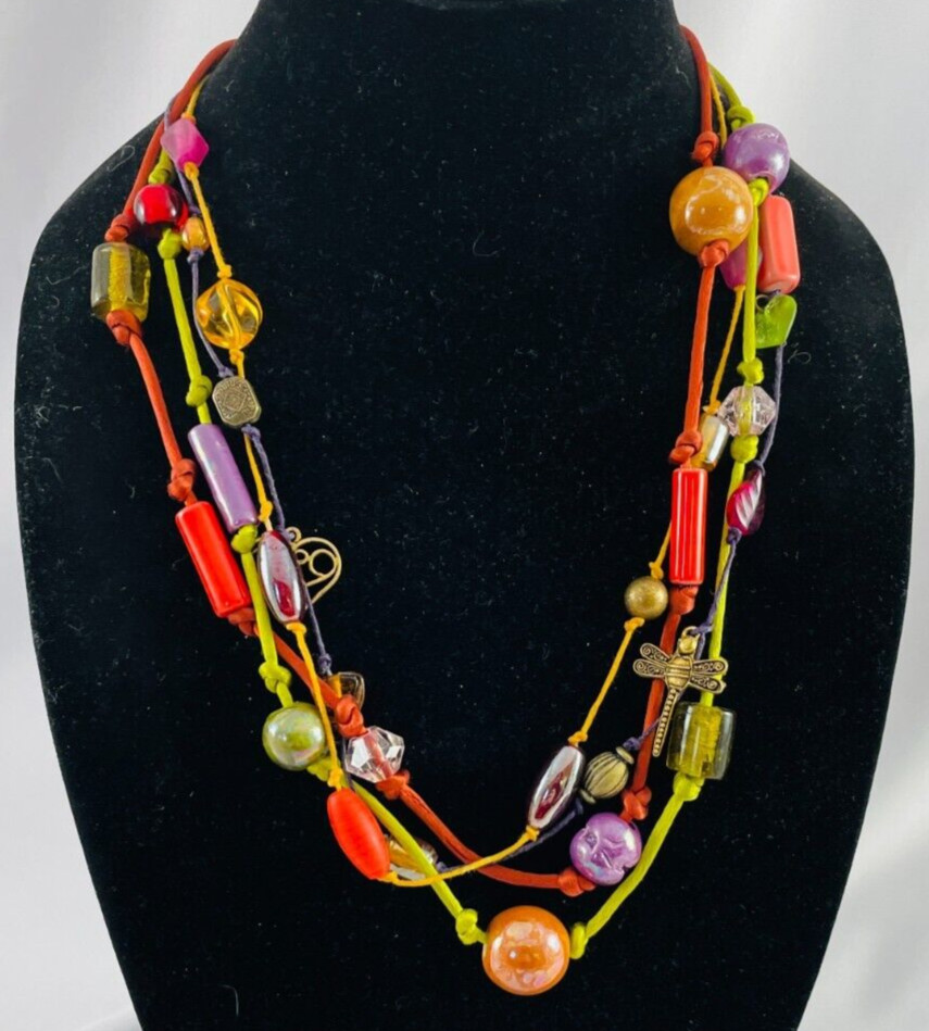 Multi Strand Beaded Charm Necklace Silk Cord Hammered Gold Tone Hook Clasp
