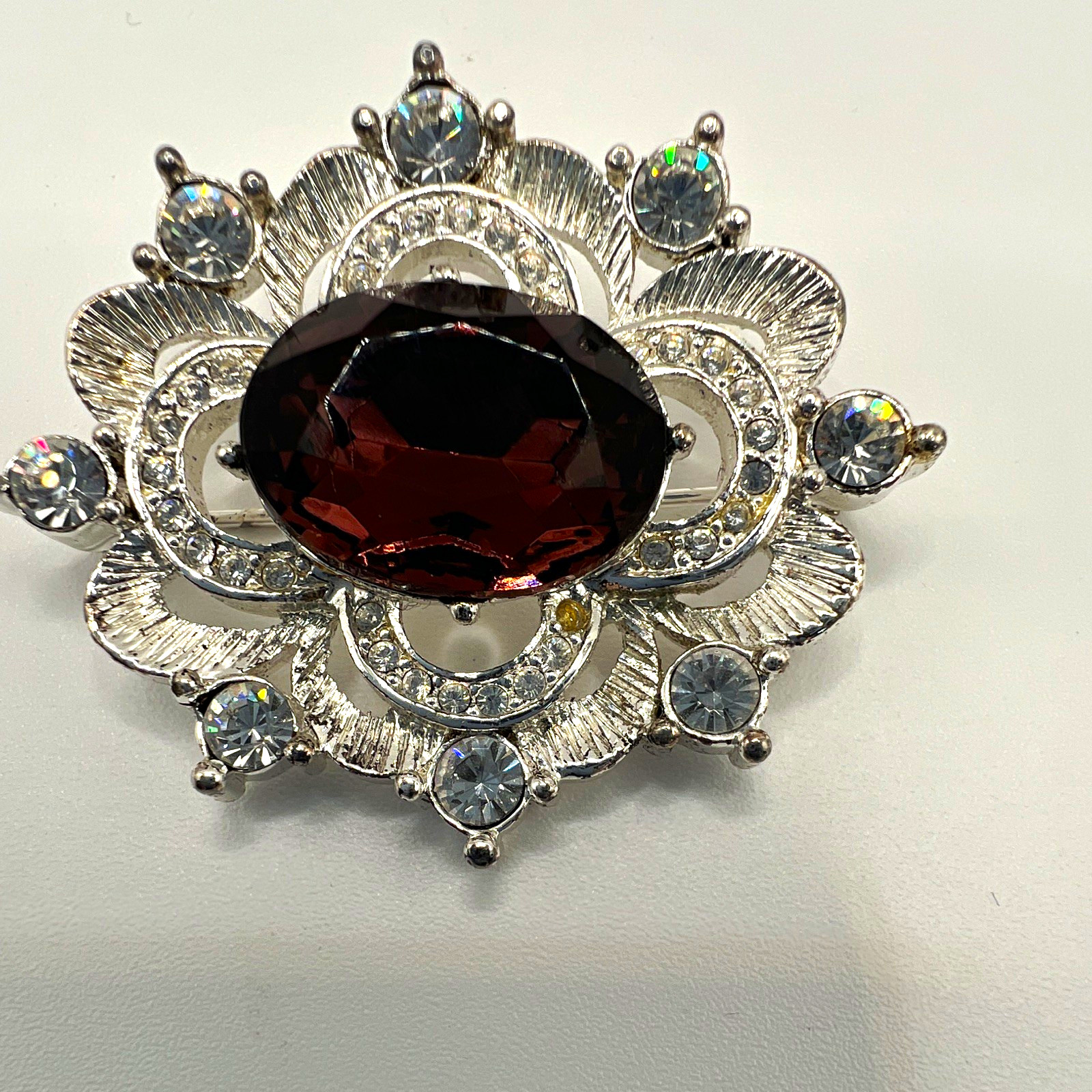 Napier Signed Silver Tone Flower Brooch Pin Amethyst/Rhinestone & Clear Accents