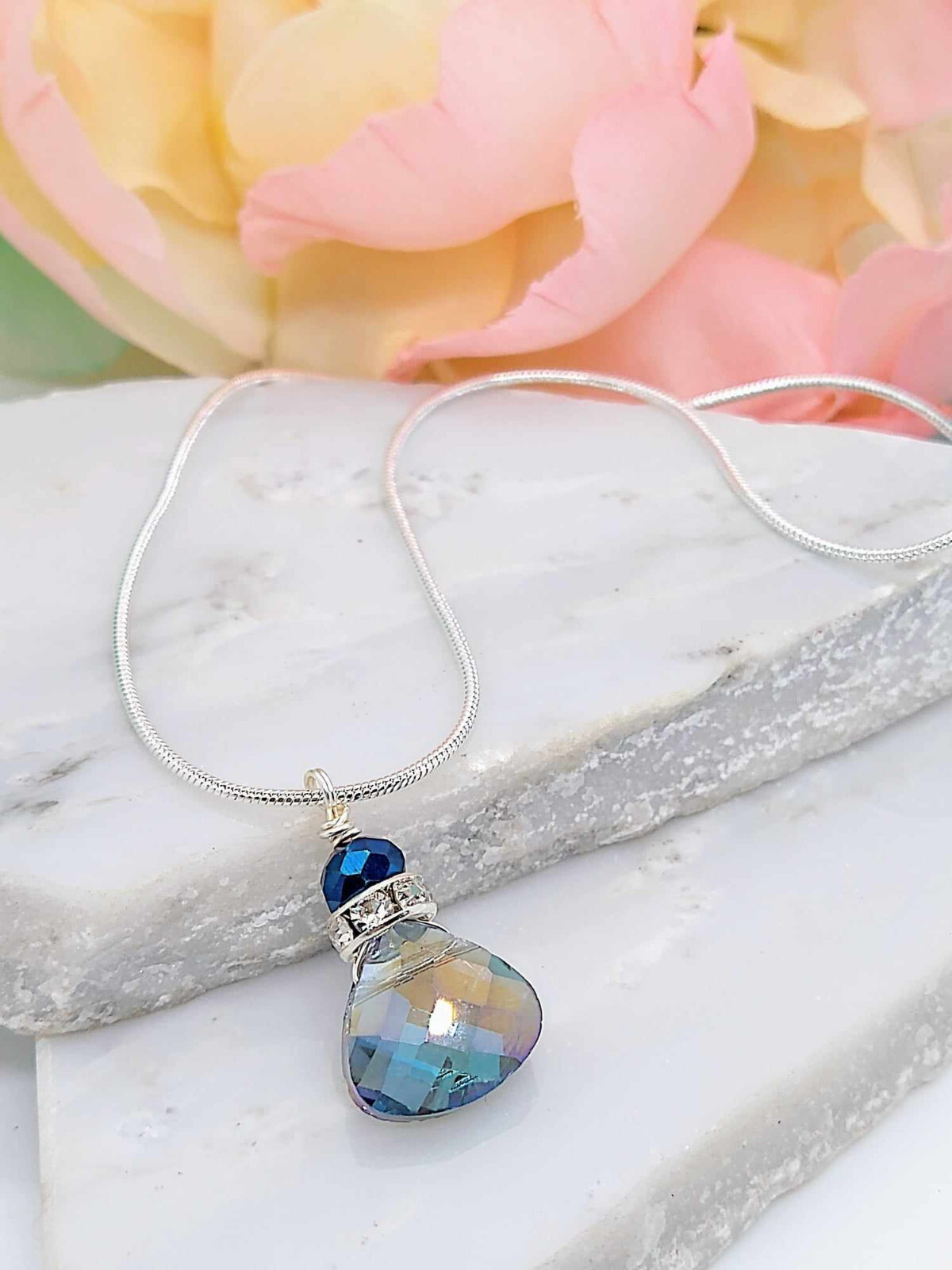 Blue Crystal Teardrop Pendant Silver Snake Chain Necklace 18 Inch, Ladies