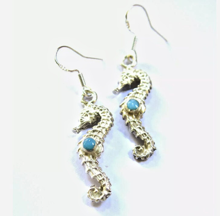 Beautiful Sky Blue Larimar .925 Sterling Silver Dangle Sea Horse Earrings 1.6 “