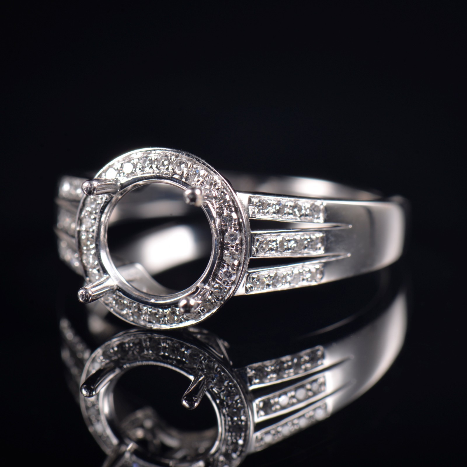 Custom Lab Diamond Round 7.6mm 4 Prong 3-Row Split Shank Semi Mount Ring 14K WG