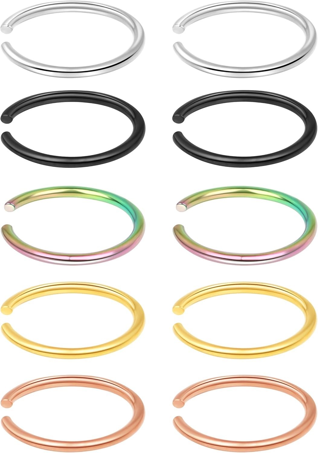 10Pcs Adjustable Nose Rings in Gold, Silver, Rose Gold – Stylish Faux Piercings