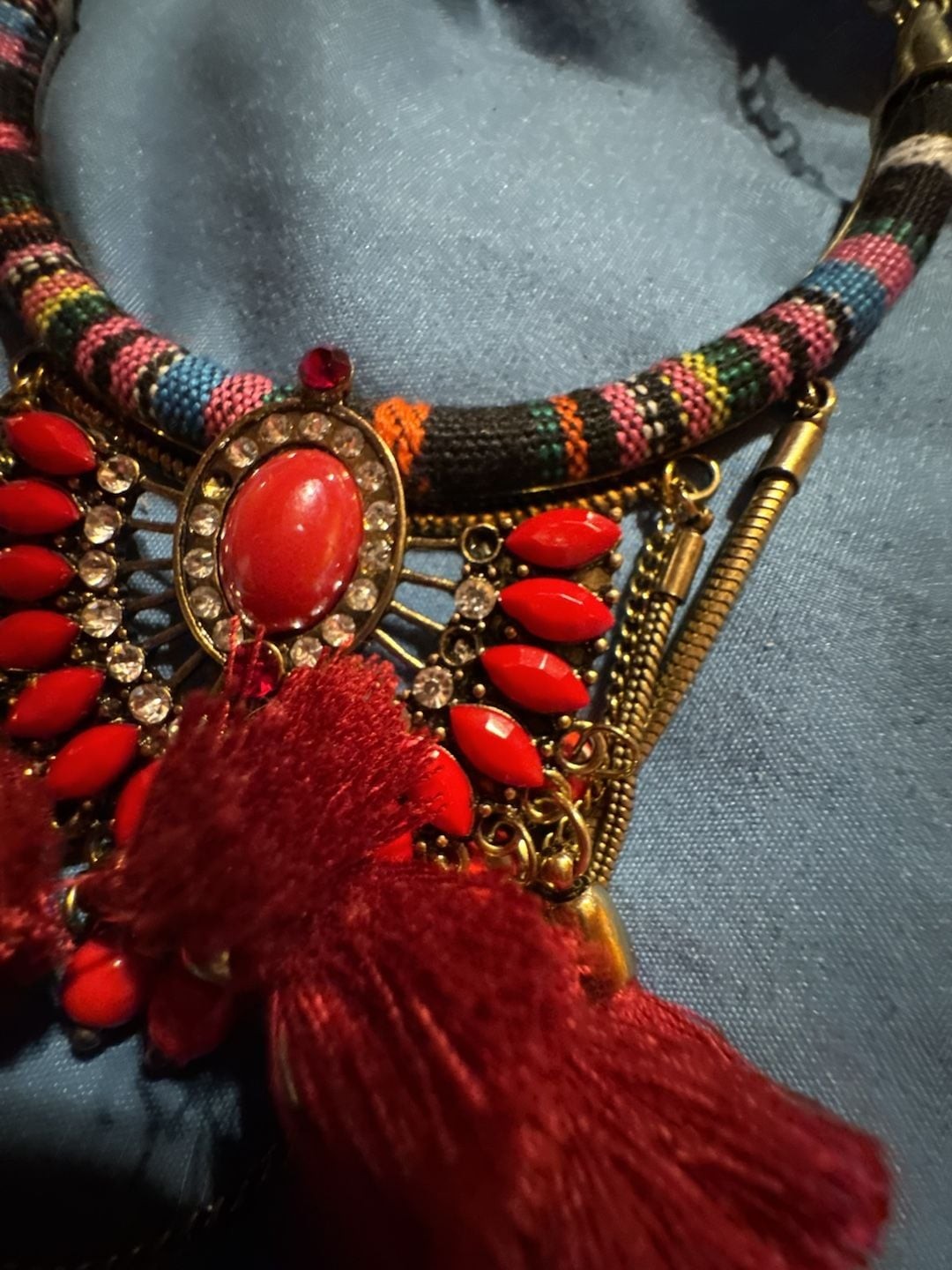 Boho Statement Bib Necklace with Red Tassel and Multi-Color Woven Collar