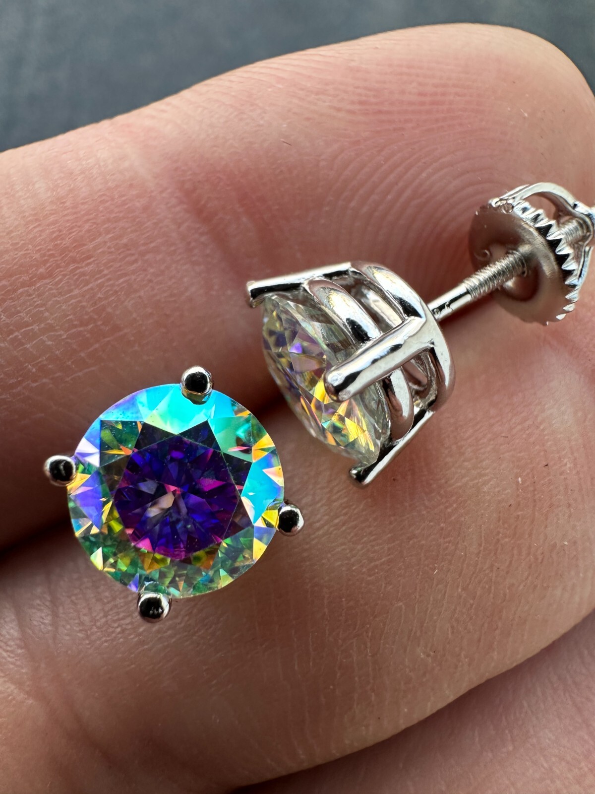 Rainbow Opal Moissanite Screwback Stud Earrings 925 Silver 3-8mm Passes Tester