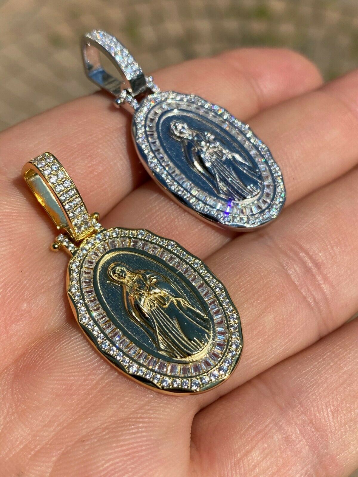 925 Sterling Silver Virgin Mary Necklace Pendant CZ Medallion Icy Chain Baguette