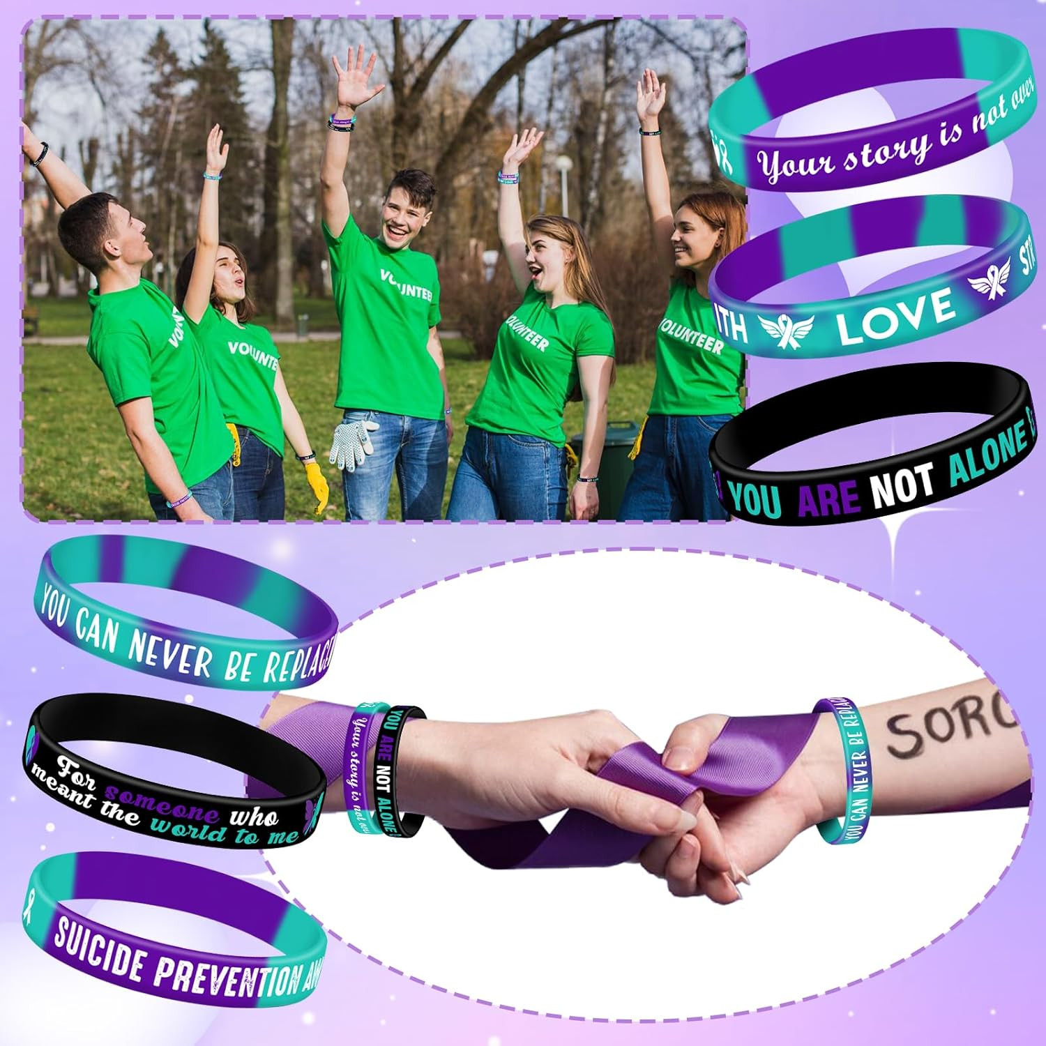 JUNEBRUSHS 42Pcs Suicide Prevention Awareness Silicone Bracelets Purple Teal Rib