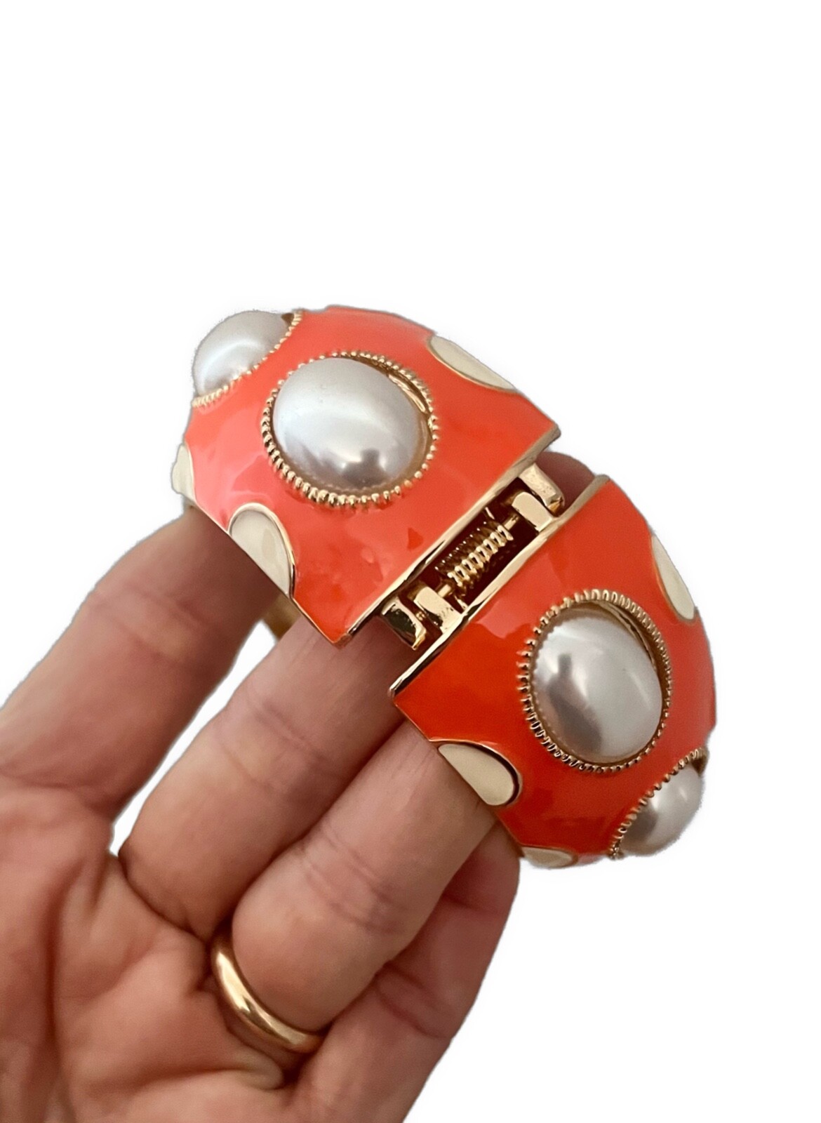 1.3/8″ Wide Orange & Beige Enamel Faux Pearl Chunky Statement Bracelet