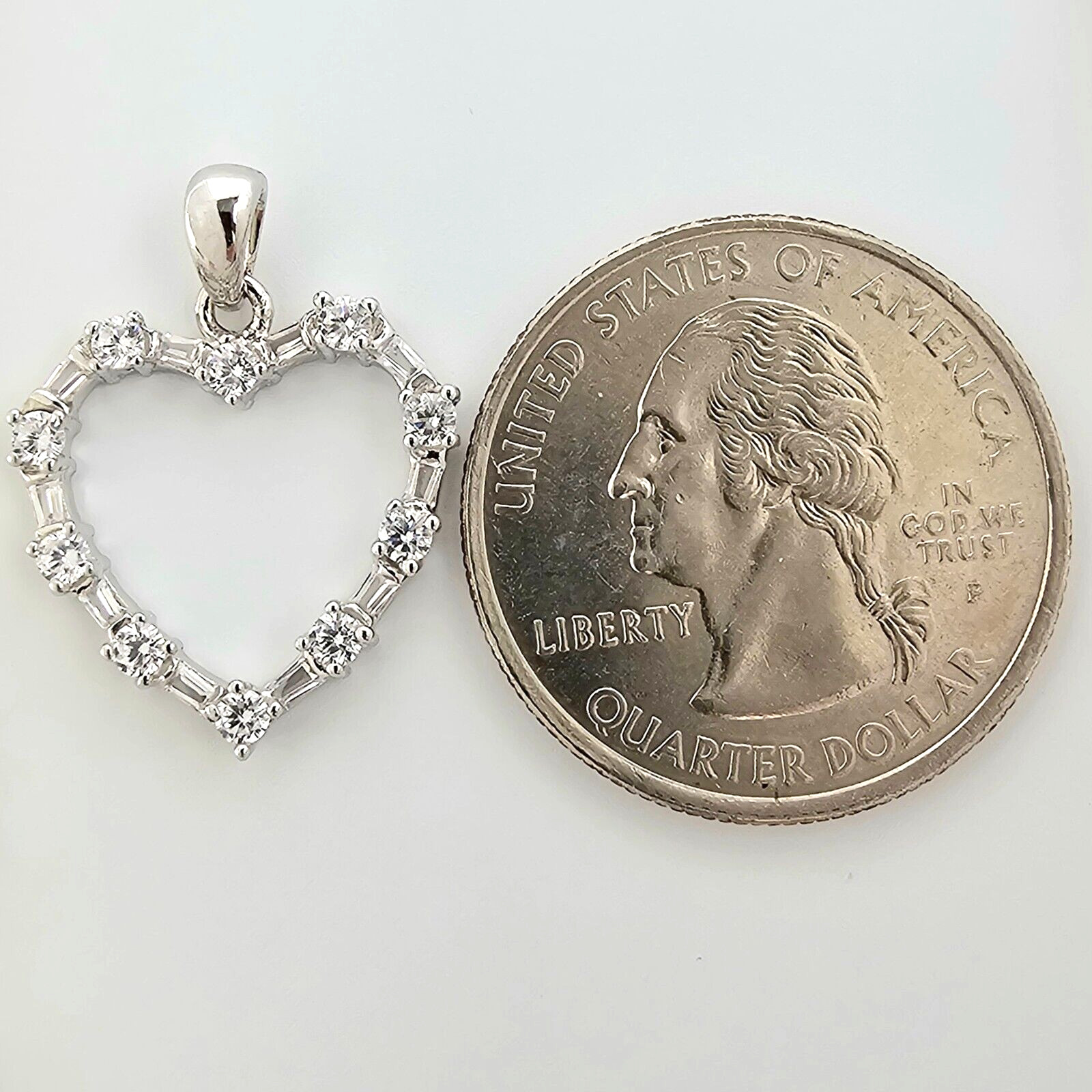 Solid 925 Sterling Silver Heart Outline Pendant With Round & Baguette, Prong Set