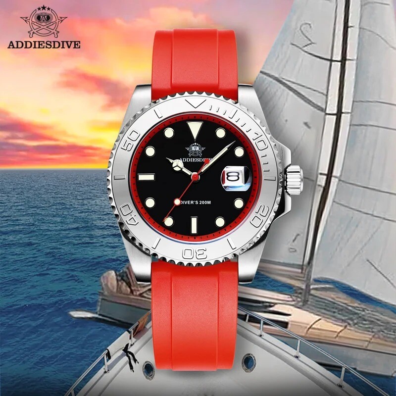 Addiesdive 41mm Quartz Dive Watch 200m Silver Stainless Steel Bezel Rubber Strap