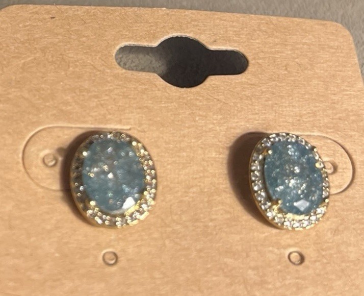 Blue Green Oval Stud Earrings with Clear Crystals Gold Tone Setting