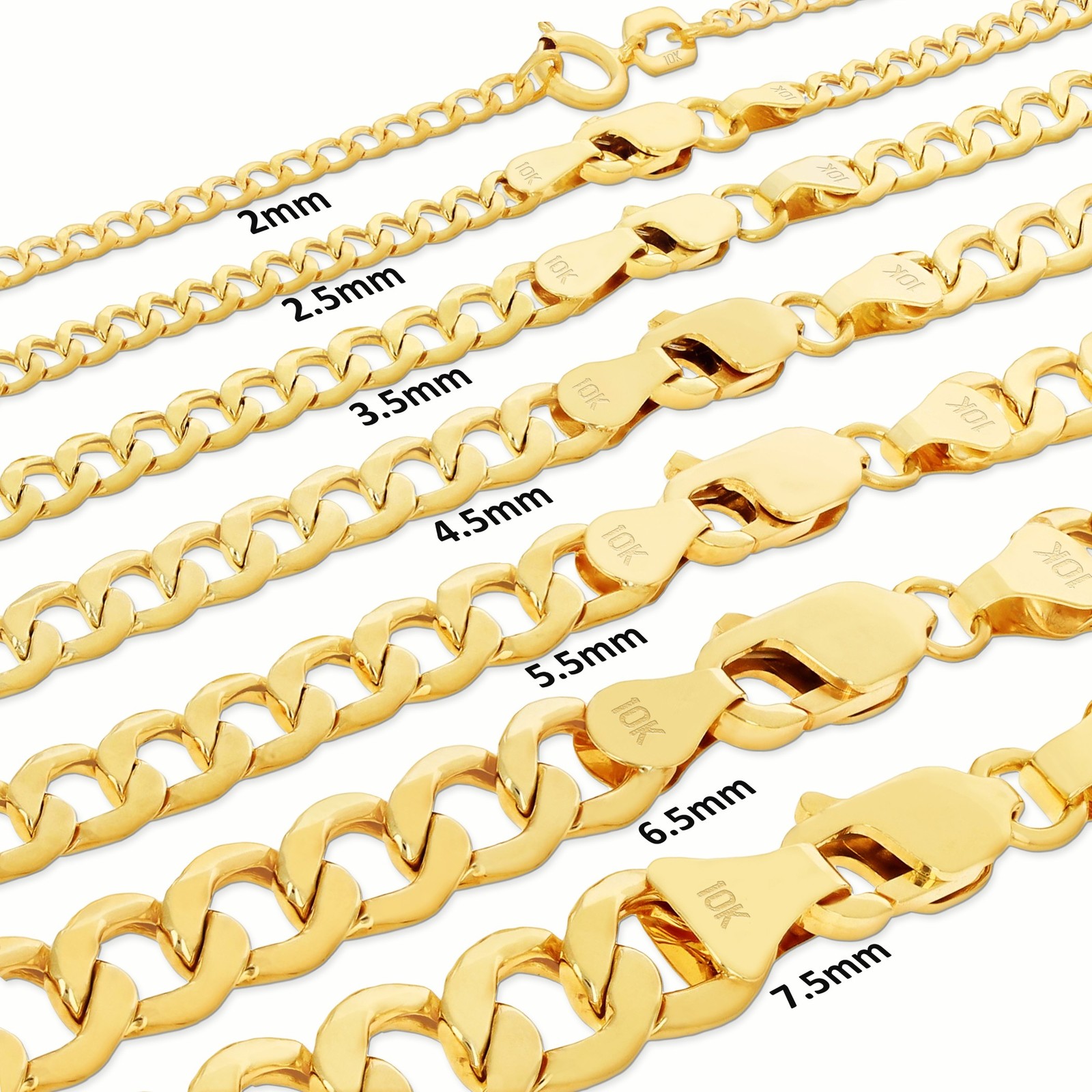 10K Yellow Gold 2mm-7.5mm Curb Cuban Chain Necklace Bracelet Men Women 7″- 30″