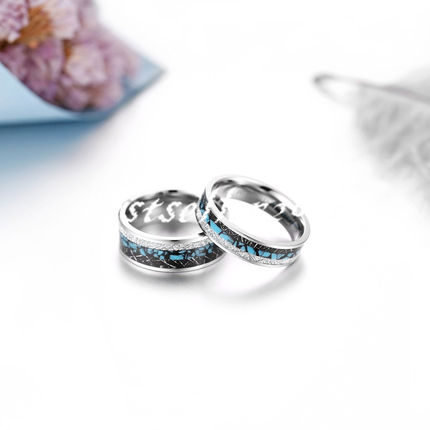 6/8MM Turquoise Imitated Meteorite Inlaid Titanium Ring Wedding Band Size 6-13