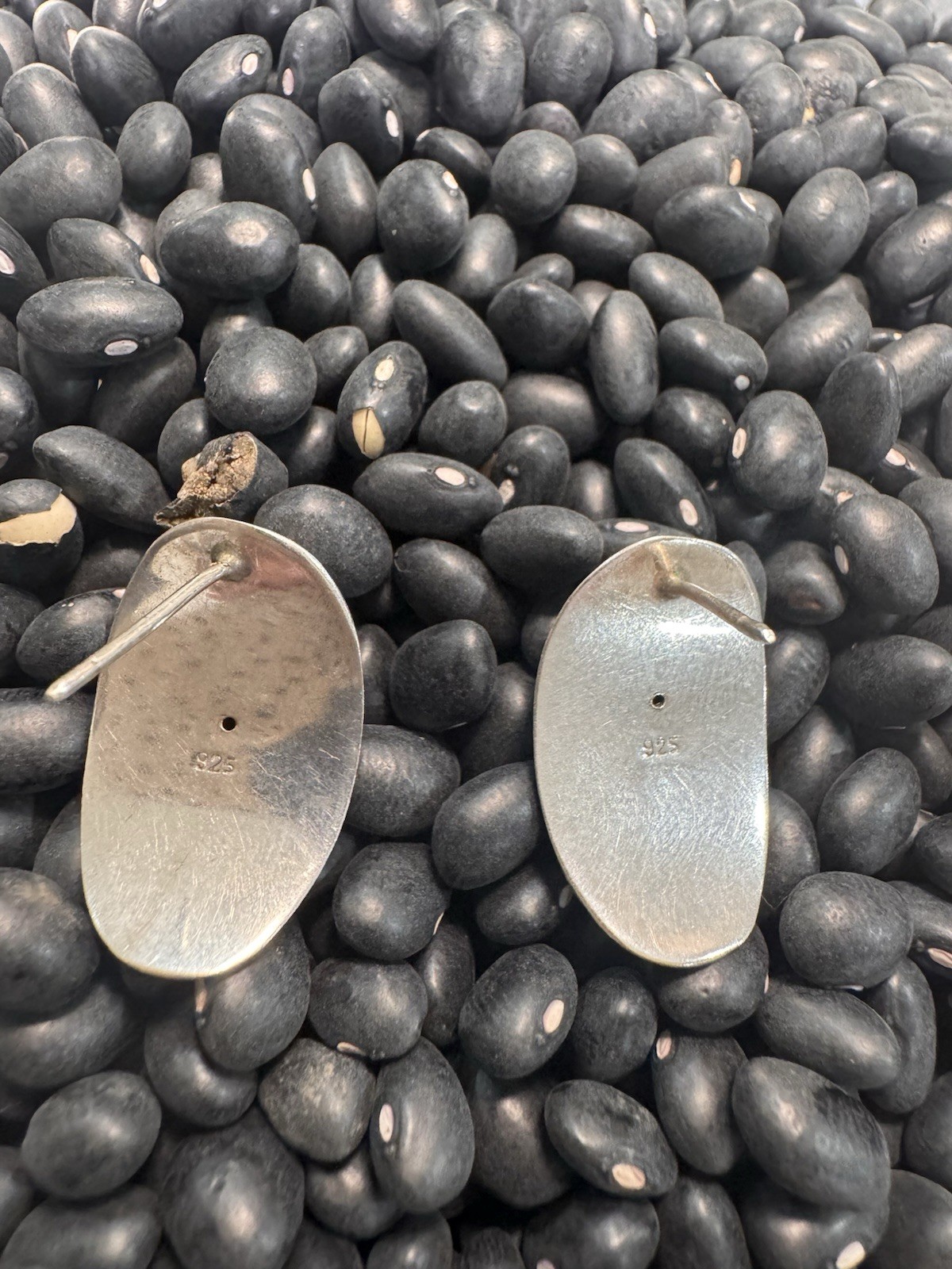 Handmade Silver Metal Oval Stud Earrings, French Wire Closure, No Stone,No Backs