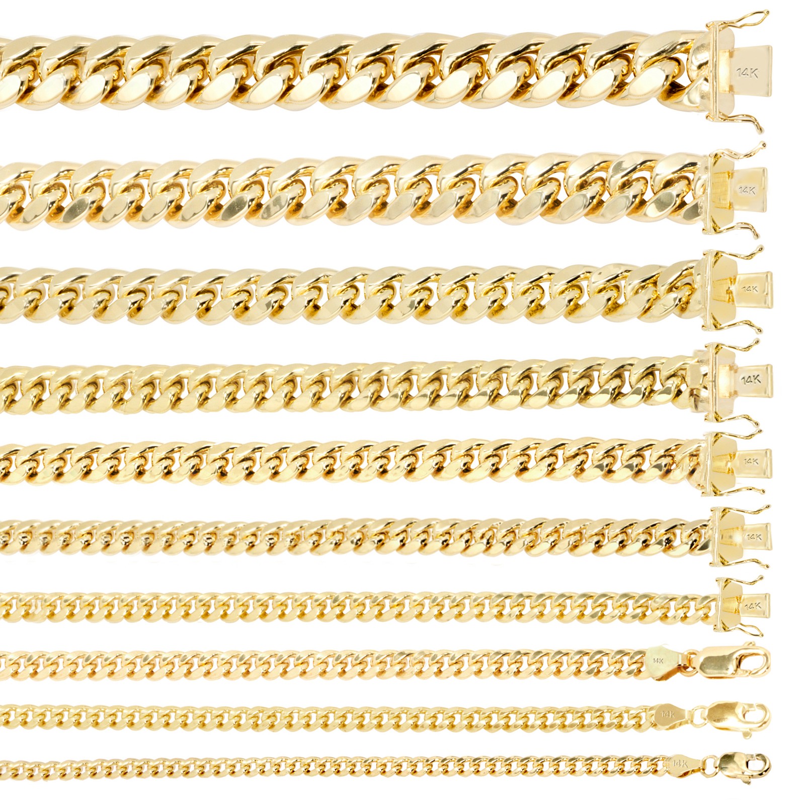 14K Yellow Gold 3mm-12.5mm Real Miami Cuban Link Necklace Chain Bracelet, 7″-30″