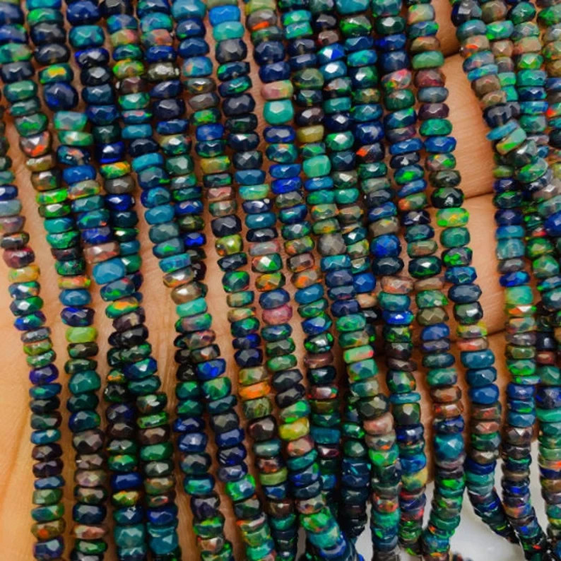 Ethiopian Opal Faceted Roundel , Length 16 Inch -Black Ethiopian Opal Faceted