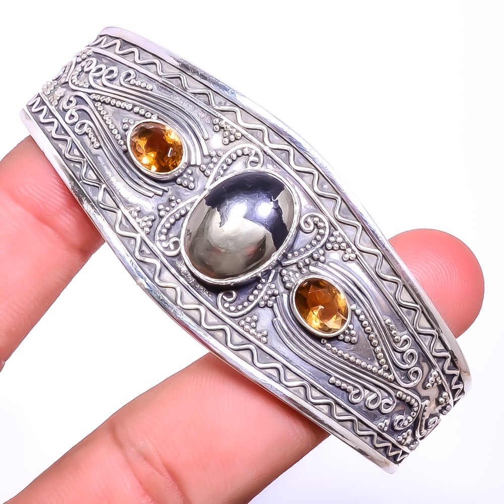 Pyrite In Magnesite & Smoky Quartz Gemstone 925 Sterling Silver Cuff Adst. T35 2