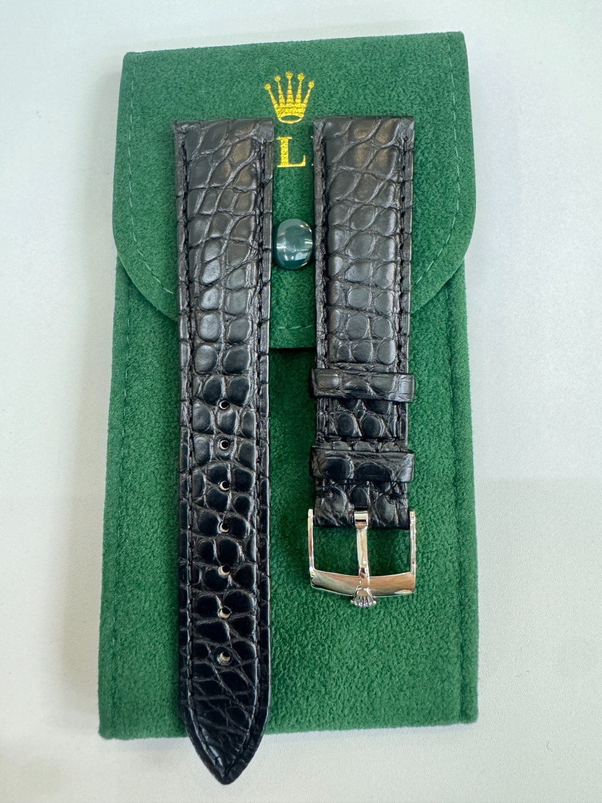 ROLEX Black Leather Crocodile Band 19mm With Rolex Crown Buckle Silver NOS