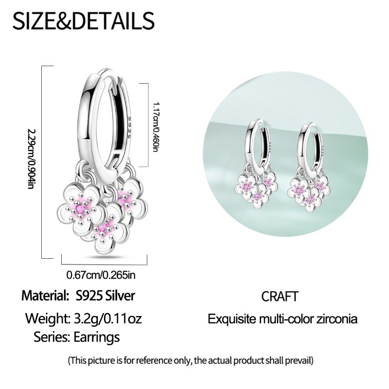 PANDACH 925 Sterling Silver Pink Cherry Blossom Dangle Earrings For Women Hoops