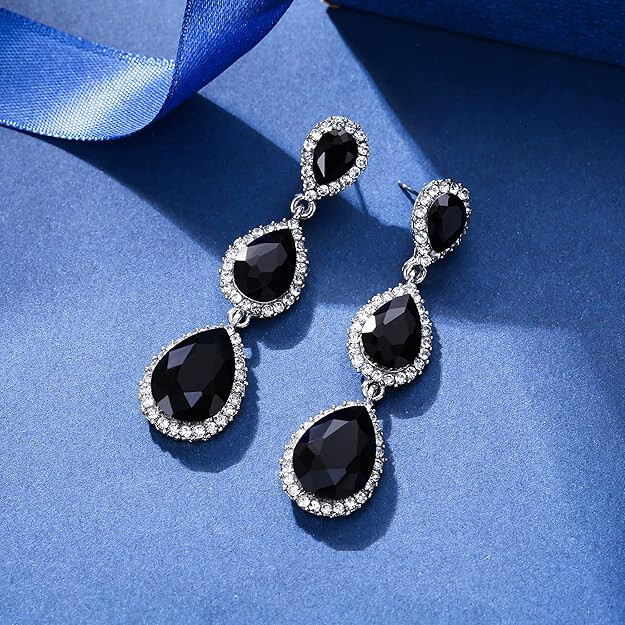 Austrian Crystal Teardrop Pear Shape 2.5 Inch Silver Tone Deep Black French Wire
