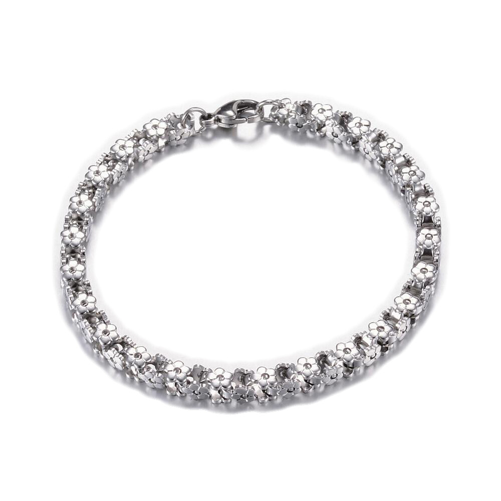 304 Stainless Steel Bracelet Flower Stainless Steel 9″ Inch Lobster Clasp P289