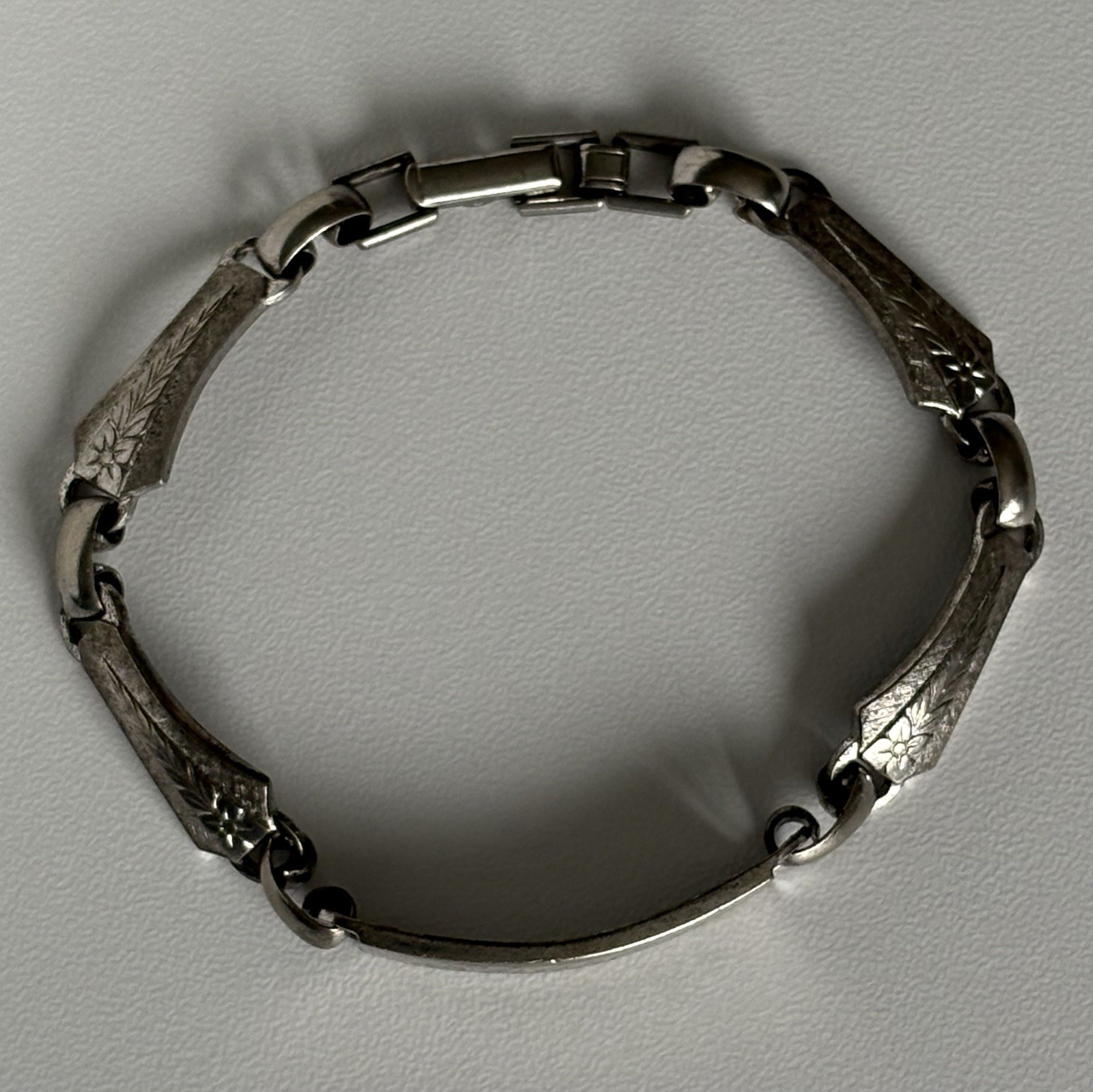 LA MODE Sterling Silver ID Bracelet 7” Floral Vintage Etched SHAROIN 13.58 Grams