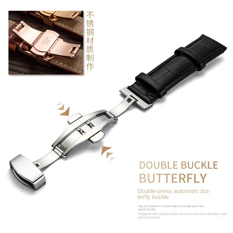 Premium Genuine Leather Watch Strap Butterfly Buckle Crocodile Grain Band12-24mm