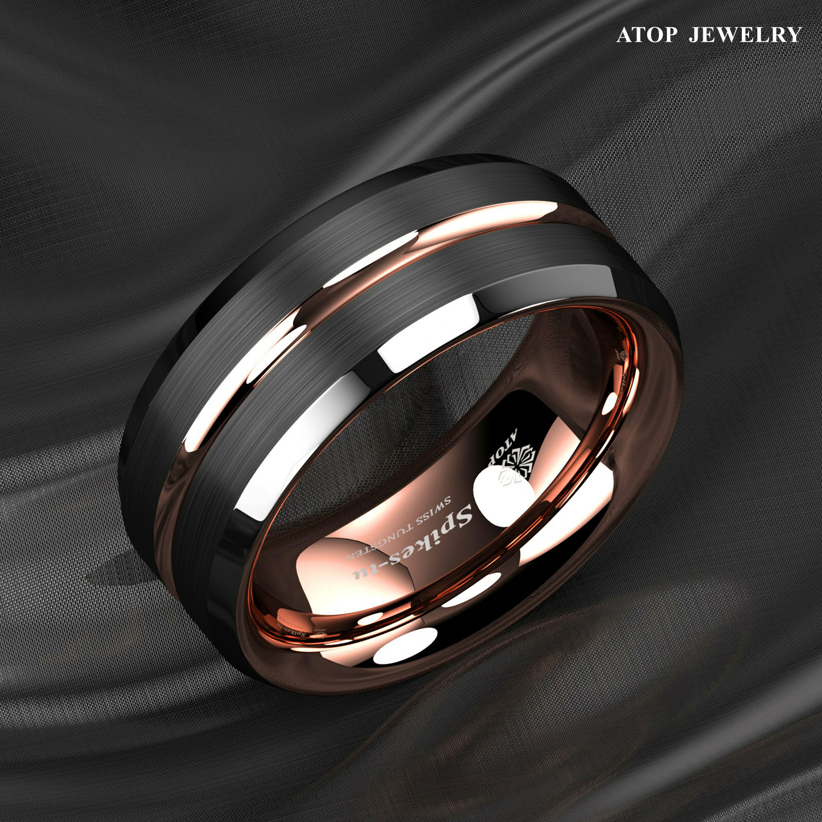 8mm Black Brushed Rose Gold Plated Metal Tungsten Ring ATOP Men Wedding Band