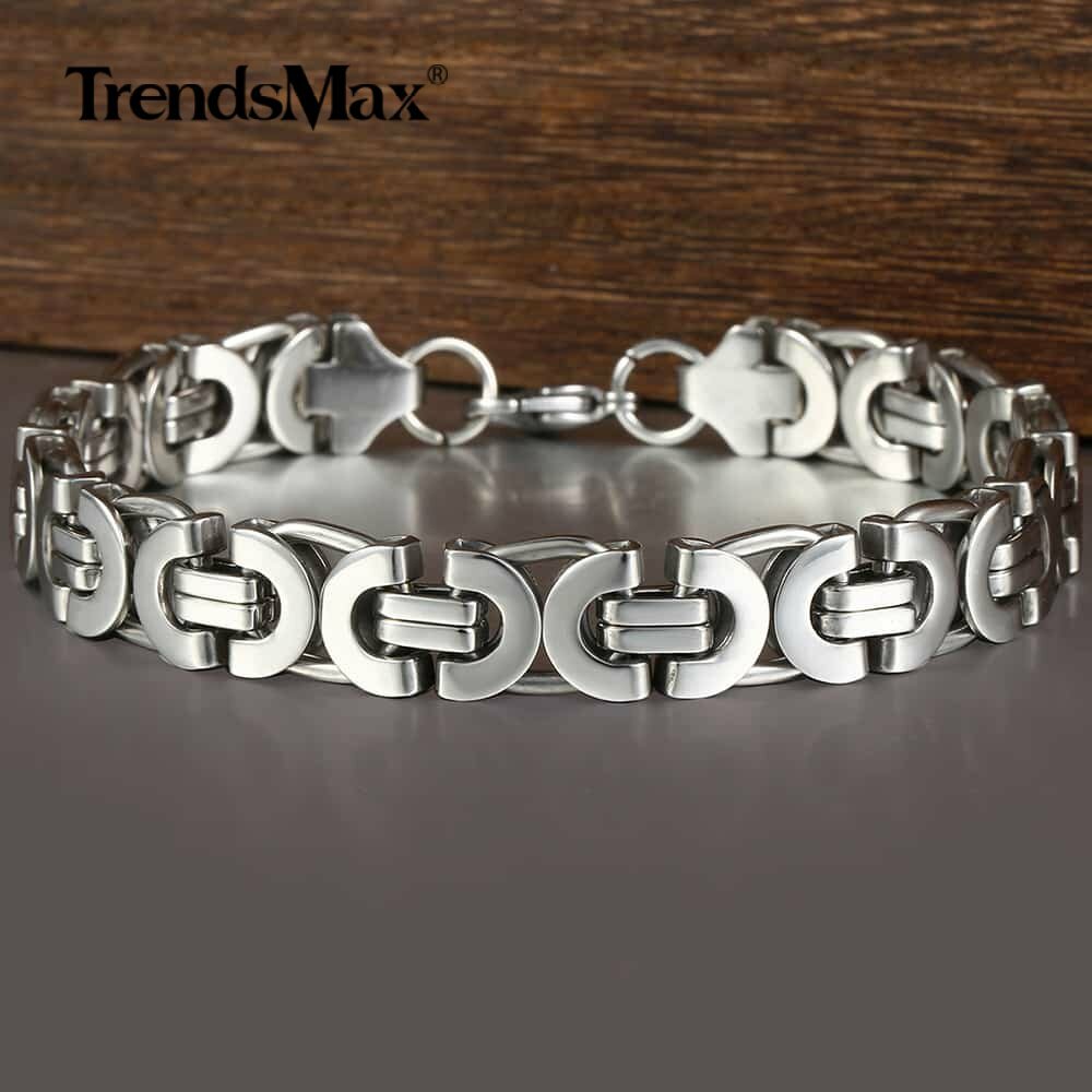 11mm Heavy Silver Flat Byzantine Stainless Steel Chain Bracelet Men’s Link 8.5″