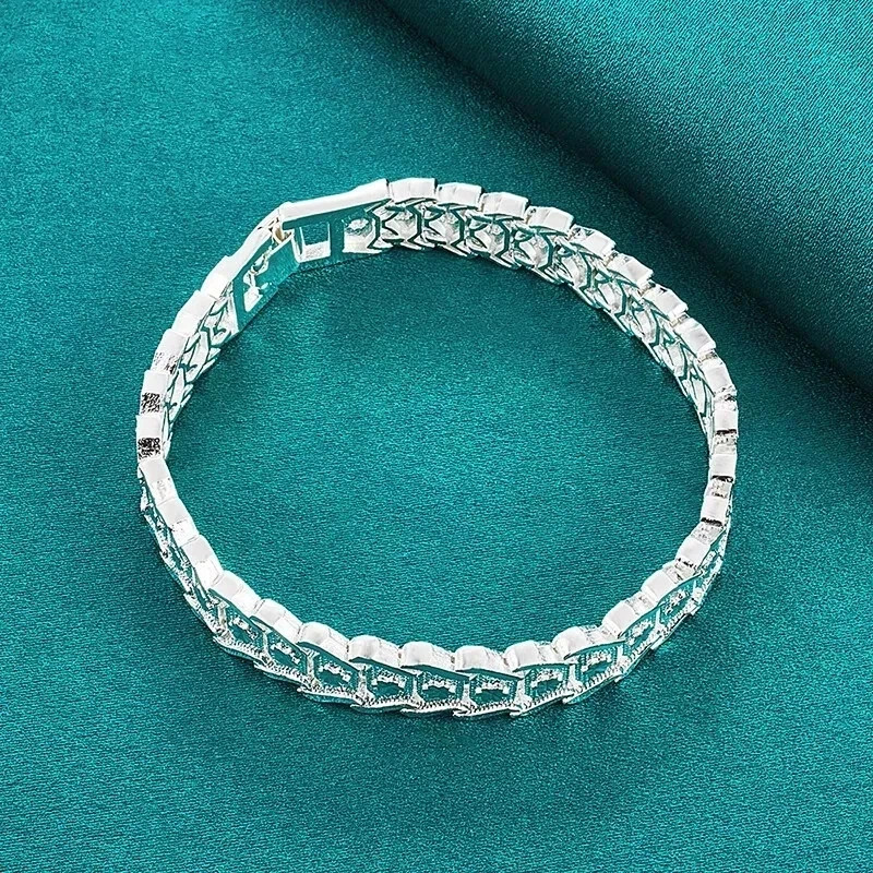 925 Sterling Silver Flower Pattern Wide Wristband Bracelet 20cm 7.9 Inch