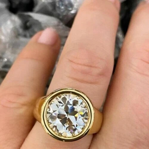3Ct Round Cut Real Moissanite Bezel Set Engagement Ring 14K Yellow Gold Plated