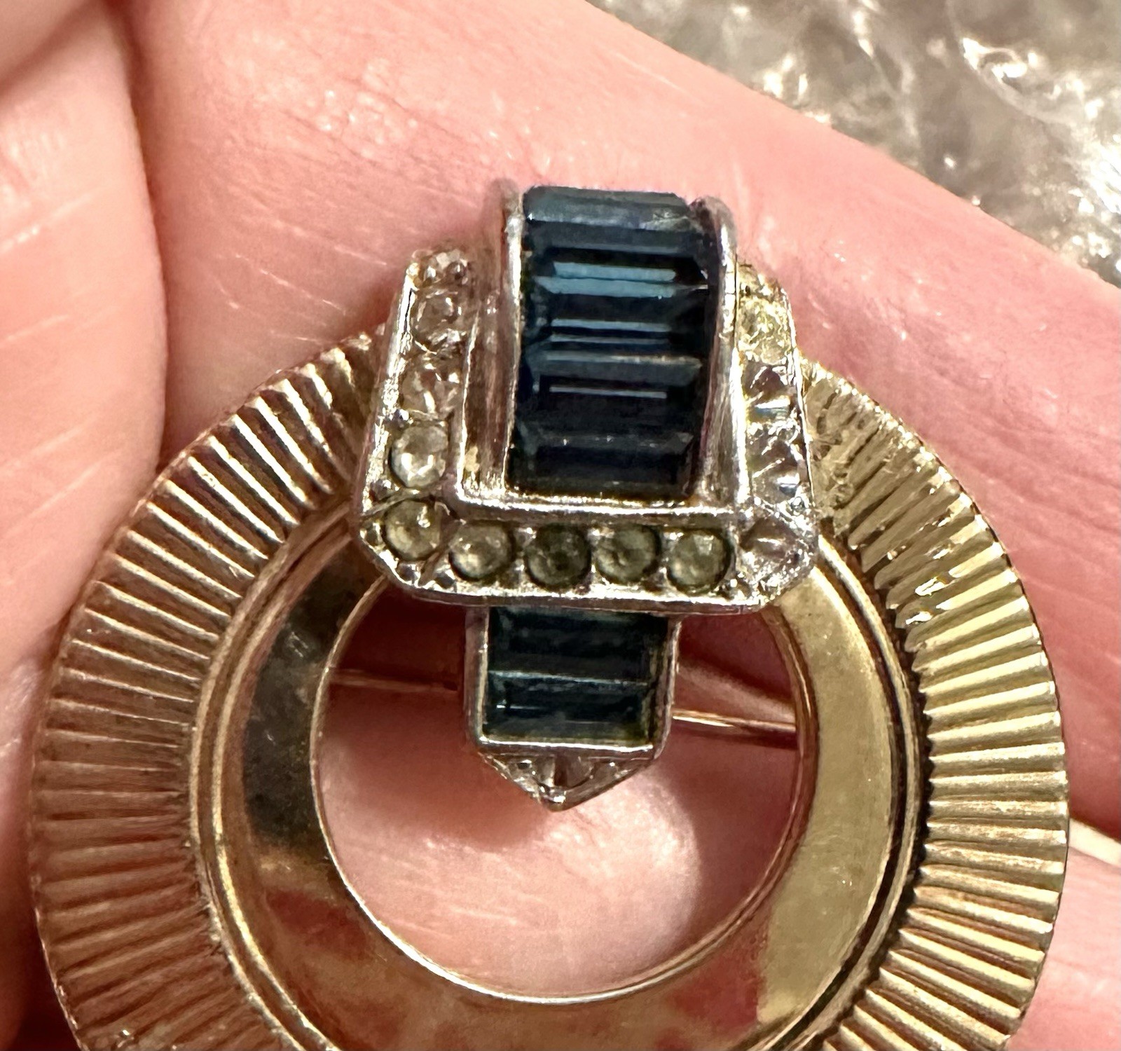 Boucher Circle Pin W/ Buckle Blue Rhinestones