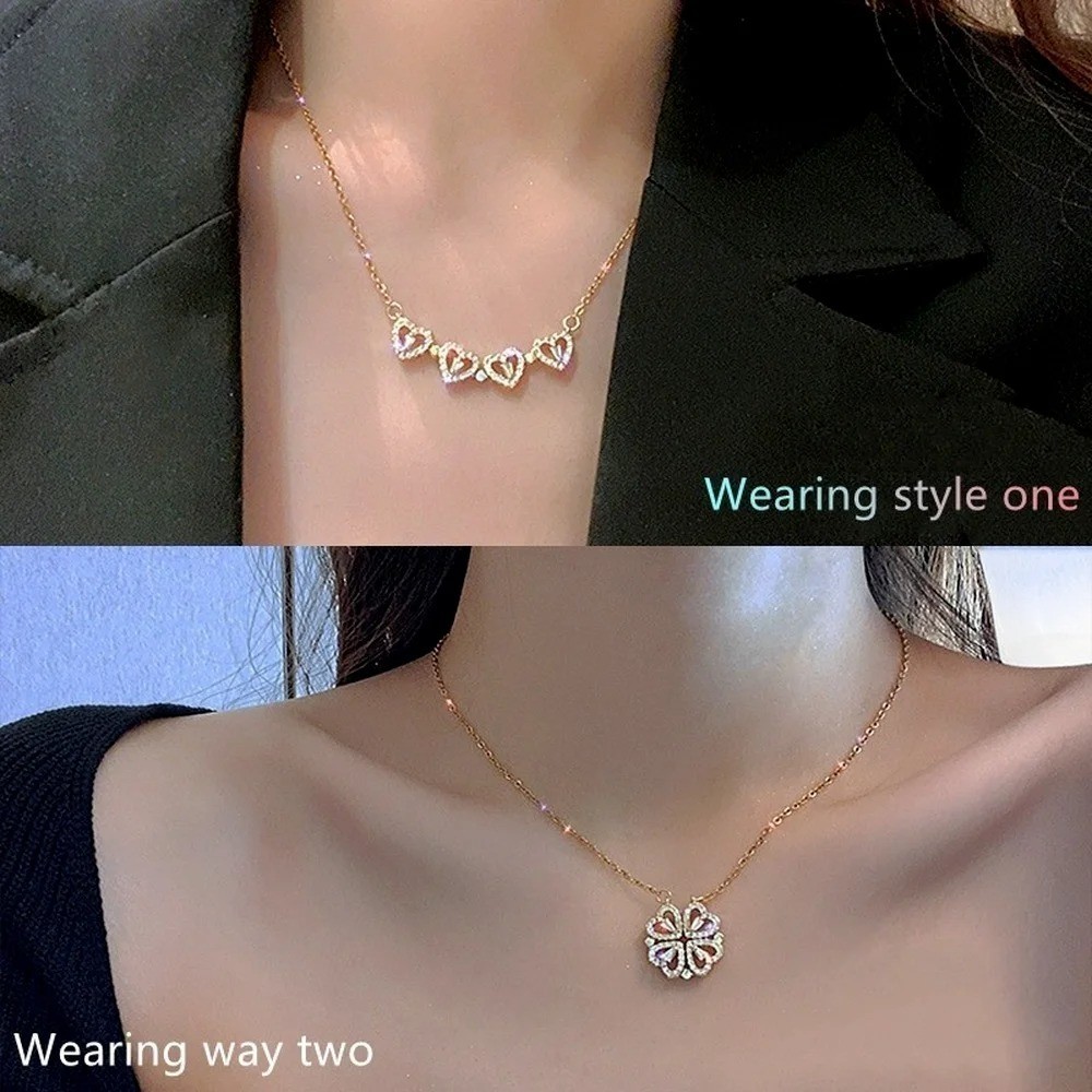 Four Leaf Clover Magnetic Folding Convertible Heart Pendant Necklace