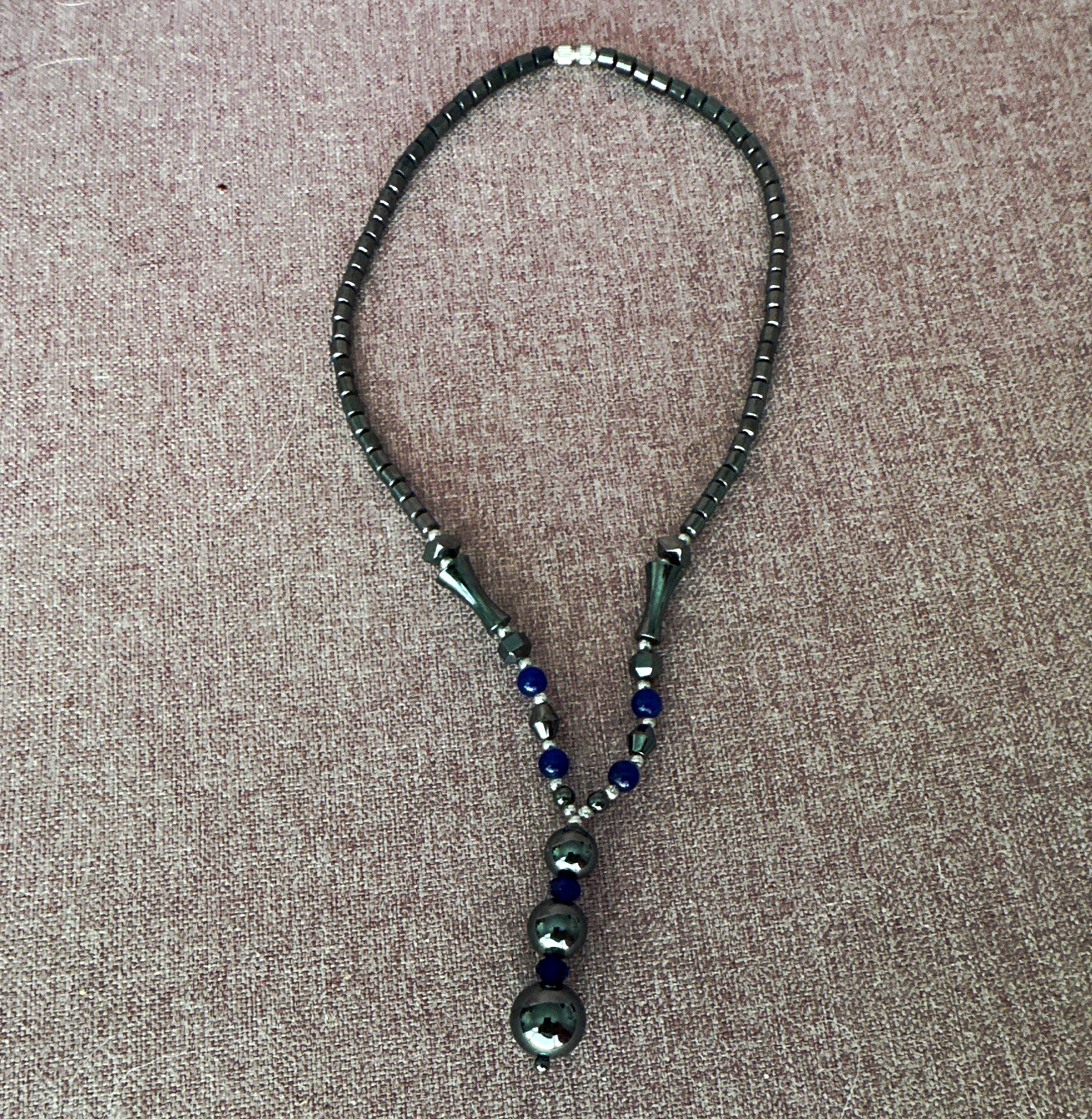 Hematite & Lapis Lazuli Beaded Y-Drop Necklace, Black Blue Round Beads