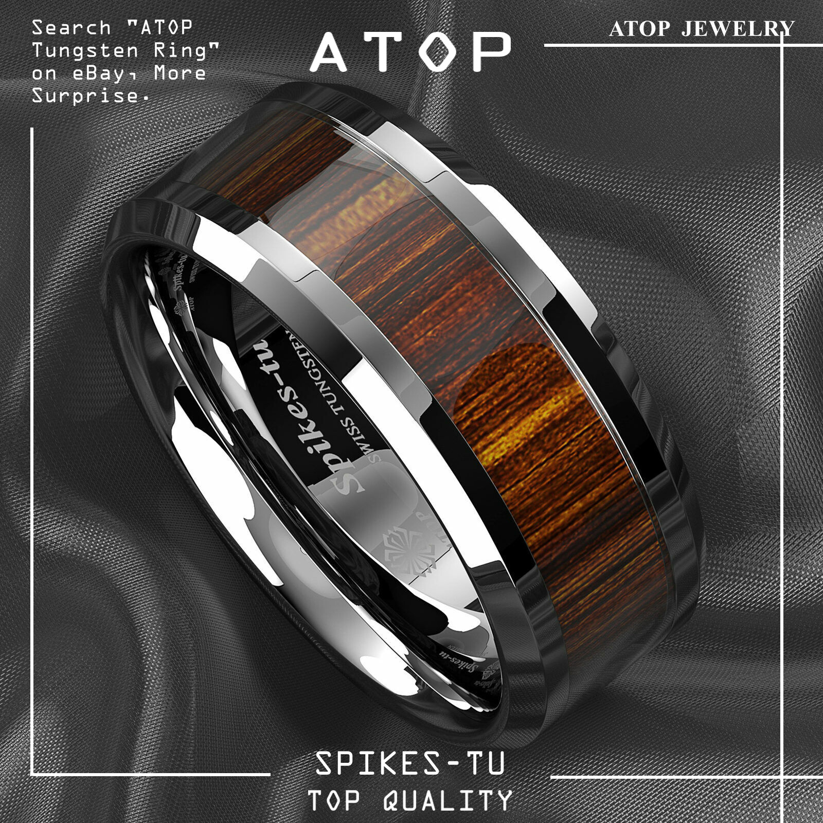 8mm ATOP Men’s Tungsten Carbide Ring Wood Inlay Beveled edge Wedding Band Ring