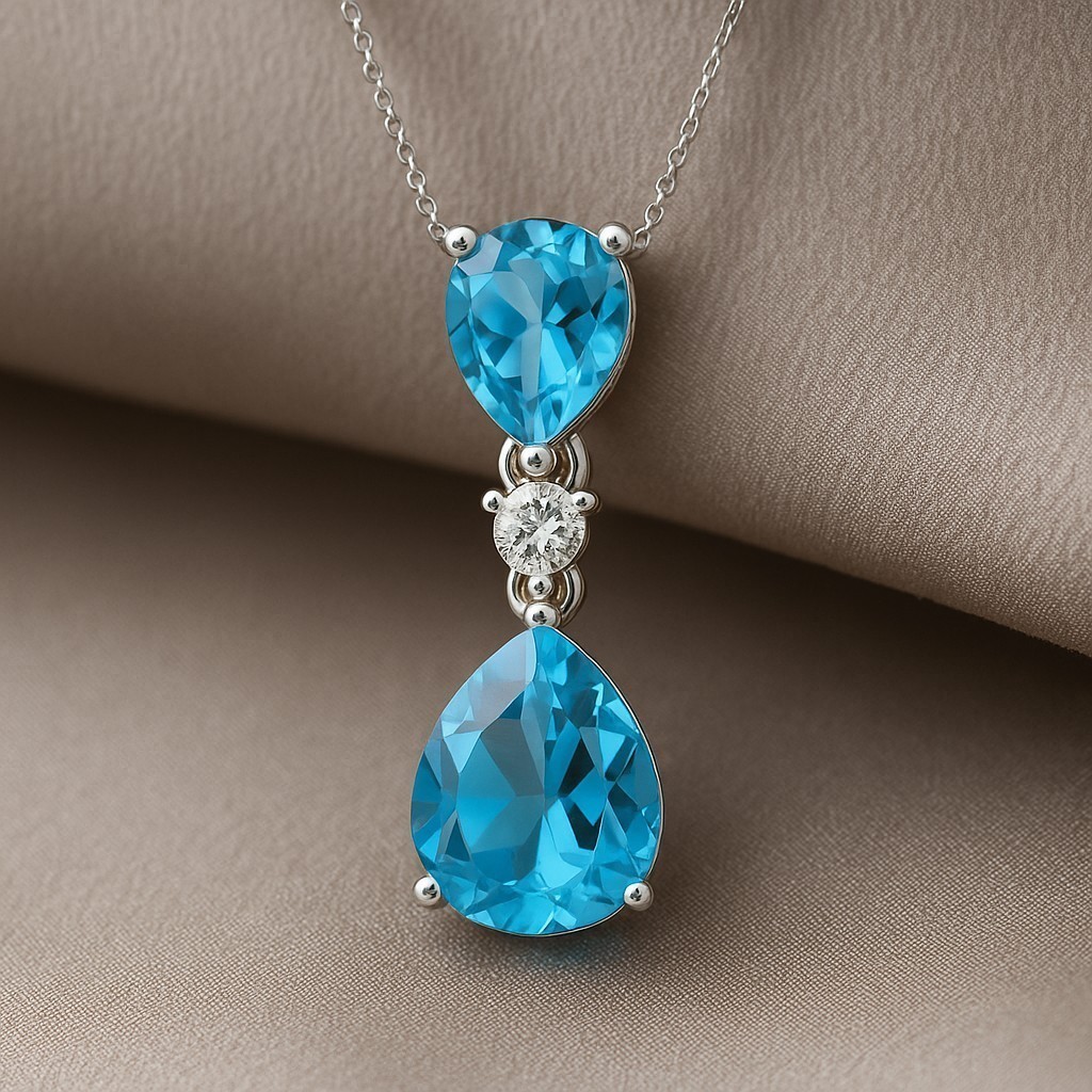 3Ct Pear Cut Simulated Blue Topaz Women’s Pendant Chain In 14k White Gold Plated
