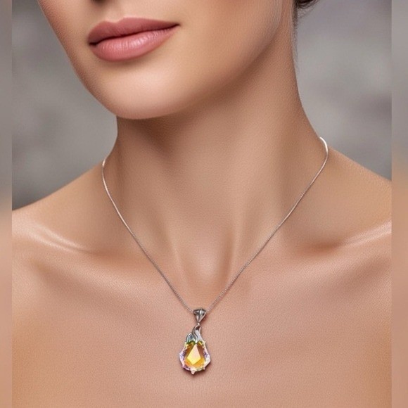 Swarovski Austrian Crystal Aurora Borealis Baroque Pendant 925 Silver Necklace