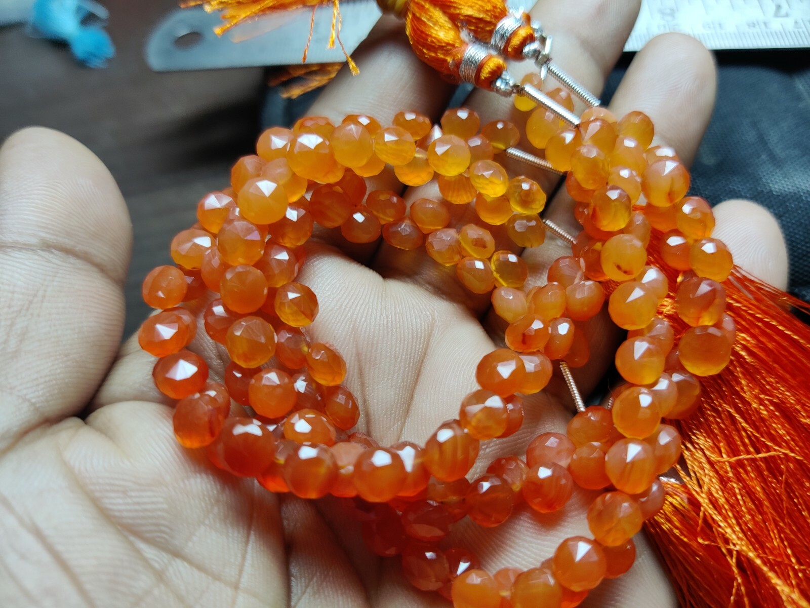 AAA TINY CARNELIAN GEMSTONE ONION BRIOLETTE FACETED  6-6.5 MM BEADS 7″ STRAND